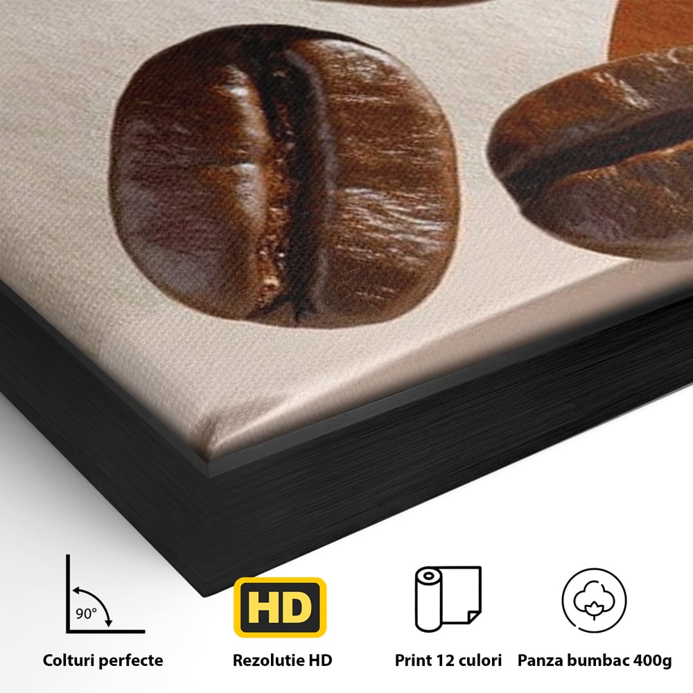 Detaliu al suprafetei: tablou canvas cu boabe de cafea, in rama de aluminiu negru